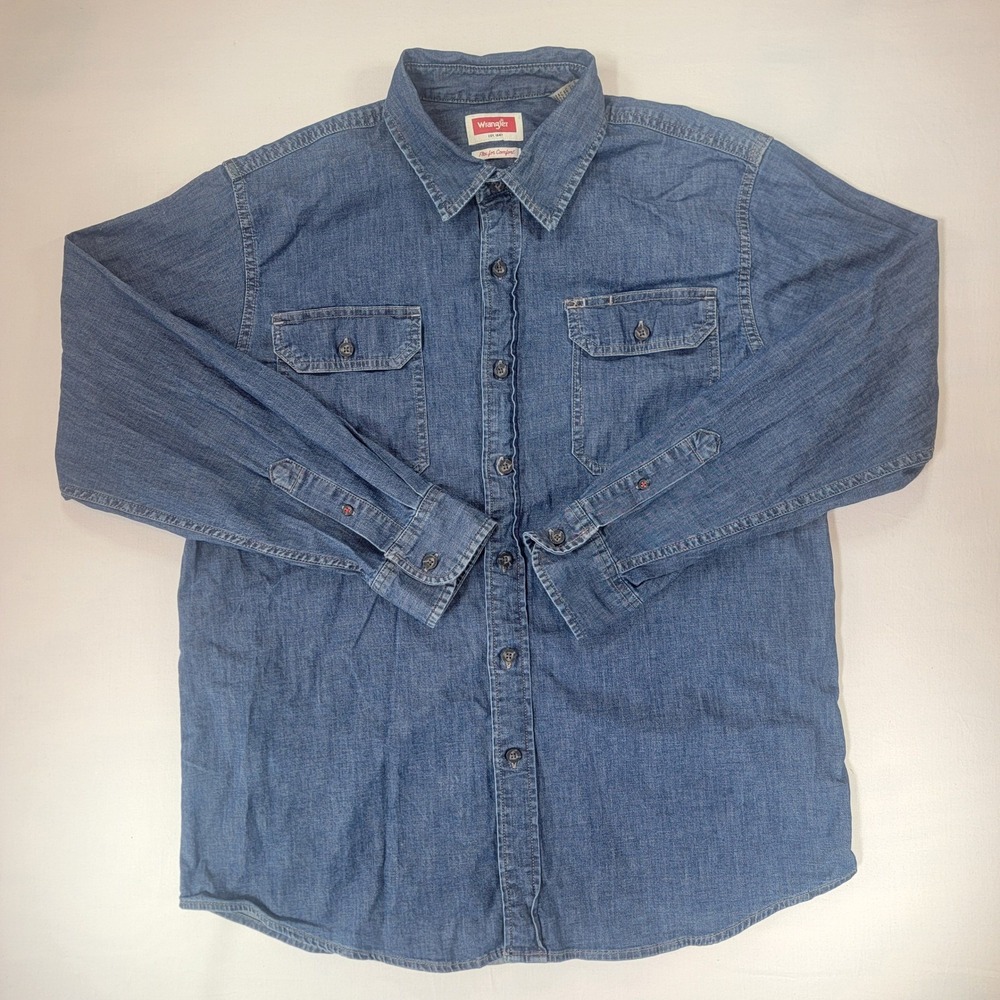 Wrangler Mens Blue Denim Flex for Comfort Long Sleeve Button Down Shirt Large